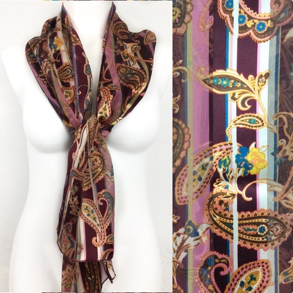 Vintage paisley 60” long rectangular scarf sheer stripes Korea - Picture 3 of 8